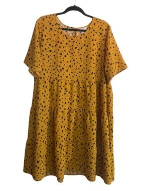 Terra & Sky Mustard Polka Dot Tiered Dress 1X (16W-18W) Flowy Boho Babydoll